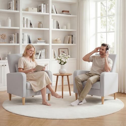 COLAMY Mid-Century Modern Accent Chairs Set of 2, Faux Leather Upholstered Living Room Chairs with Back Pillow & Solid Wood Legs, Comfy Armchair for Living Room, Bedroom, Single Sofa, Light Grey - color: Light Grey, size: Set of 2