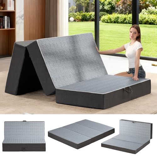 Tri Folding Mattress Twin Size - 6 Inch Dual-Layer Memory Foam Foldable Mattress Portable Futon Sofa Bed with Removable Washable Cover, Handle & Non-Slip Bottom for Guest, Camping, RV, Yoga, Home Use - size: Tw"