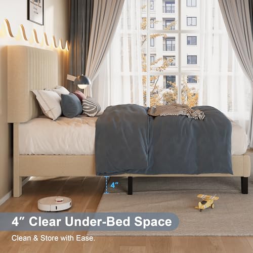 Einhomn Twin Size Bed Frame with Headboard, Upholstered Linen Platform Bedframe with Solid Wooden Slats, Noise-Free, No Box Spring Needed, Easy Assembly, Beige - color: Beige, size: Twin