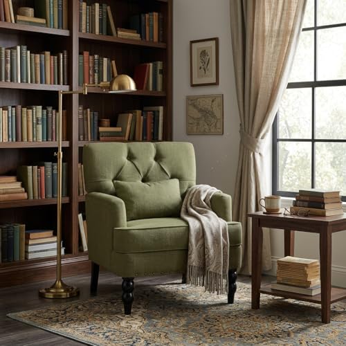HUIMO Accent Chair, Tufted Upholstered Club Chair, Olive Green | Tufted upholstered club chair with lumbar pillow and solid wood legs. Suitable for living rooms, bedrooms, and reading nooks. - color: Green