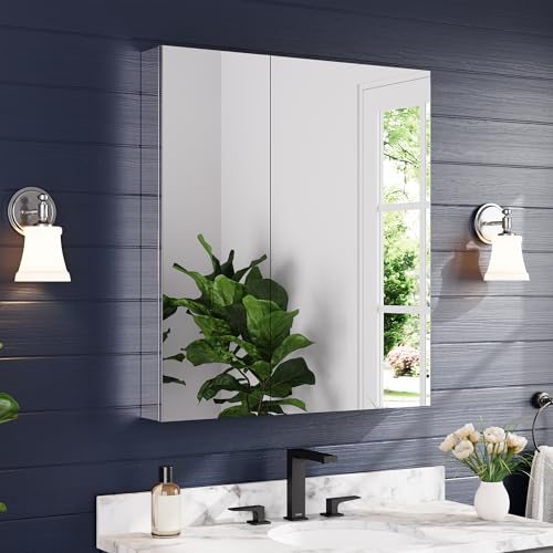 32"x36" Medicine Cabinet with Mirror & Soft Close Hinges, Surface Mount or Recessed Medicine Cabinet with Adjustable Shelves, Bathroom Wall Medicine Cabinet with Storage, Aluminum Alloy Frame, Combo - size: 32" x 36"