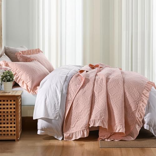 DJY Queen Size Quilt Sets, Ruffled Bedding Set, Blush Pink | Lightweight Modern Pattern Bedspreads, Bed Cover for All Seasons, 96''x90''- 3 Piece (1 Quilt, 2 Pillow Shams) - color: Pink, size: Queen