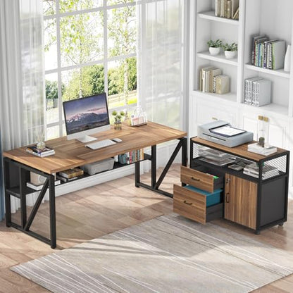 Tribesigns 63" Executive with Drawer Cabinet, L Shaped Desk and Lock lateral File Cabinet, 2 Piece Home Office Furniture Set with Drawers for Hanging File, (Brown, 63 inches) - color: Brown, size: 63 inches