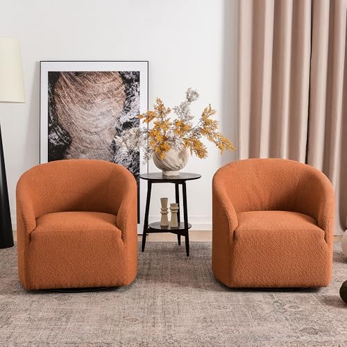 KINWELL 32" Wide Swivel Barrel Chairs Set of 2, Boucle Upholstered Swivel Accent Chairs, Mid-Century 360 Degree Swivel Chairs, No Assembly Round Armchairs for Living Room, Bedroom (Caramel) - color: Caramel, style: Set of 2