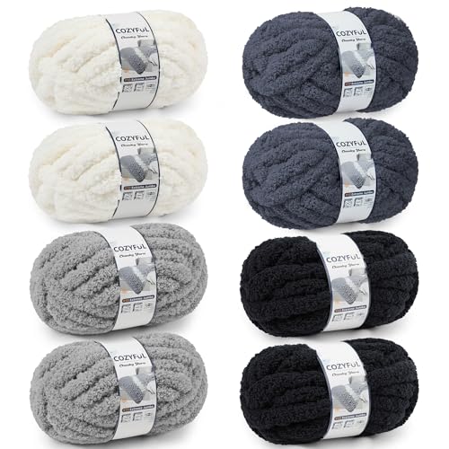 Cozyful Chunky Yarn for Hand Knitting - #10 Chunky Chenille Yarn, Jumbo Big Thick Chunky Yarns for Crocheting, Super Bulky Chunky Knit Blanket Yarns, 8 Skein (22yd, 8oz/Skein), Cream & Multi Grey - color: Cream & Black & Light Grey & Charcoal Grey