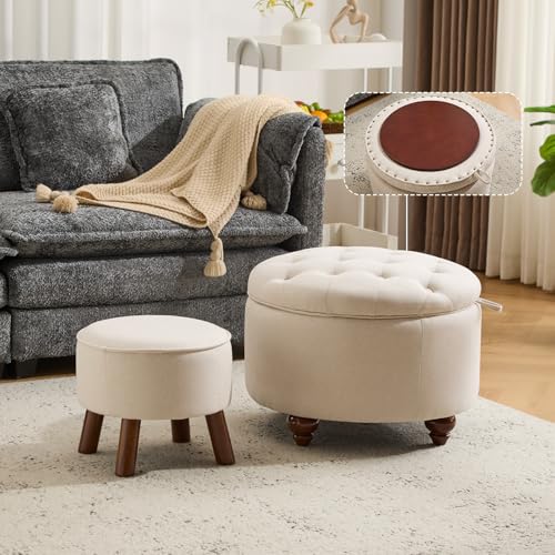 24Inch Round Storage Ottoman, Set of 2, Modern Button Tufted Coffee Table with Removable Top, Upholstered Ottoman with Storage Footrest Stool for Living Room, Bedroom (Khaki) - color: Khaki