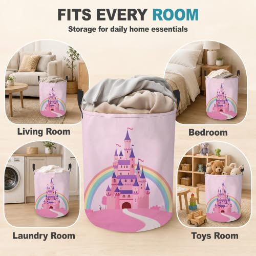Princess Castle Dirty Clothes Hamper,Foldable Laundry Basket with Handles,Pink Rainbow Waterproof Oxford Cloth Storage Bin for Bedroom Bathroom Nursery,16 x 20 Inch - color: Princess Castle,Pink Rainbow