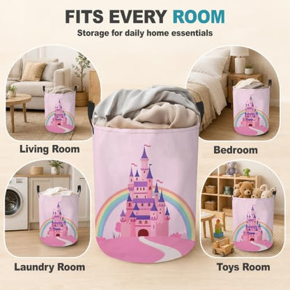 Princess Castle Dirty Clothes Hamper,Foldable Laundry Basket with Handles,Pink Rainbow Waterproof Oxford Cloth Storage Bin for Bedroom Bathroom Nursery,16 x 20 Inch - color: Princess Castle,Pink Rainbow