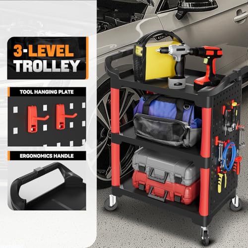 Auto Dynasty 3-Level Rolling Cart 120 kg/260 w/Pegboard, Garage, Black/Red | 3-Tier Rolling Utility Storage Cart, 260Lbs/120Kg Cap, Pegboard & Storage Tray, Steel Frame, for Garage/Warehouse/Workshop - style: with 1 side Pegboard