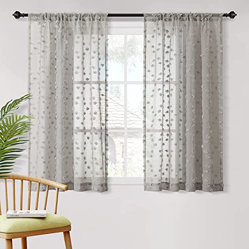 MYSKY HOME Grey Sheer Curtains with Pom Pom for Living Room 36x54,2 Panels | Light Filtering,Aesthetic Flowy Semi Sheer Gray Drapes with Design,for Girls Nursery Kids Bedroom Playroom Decor,Rod Pocket - color: 1-grey, size: 36"W x 54"L (Pack of 2)