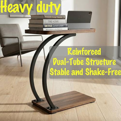 2 Tier Trays C Shaped End Table for Sofa, Heavy Duty with Double Dual Bent Metal Tubes Support,Dimension W20.5*D13.4*H25.5, Couch Table that Slides Under,Raised Edges Prevent Falling Off