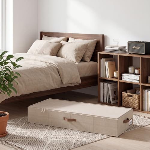 StorageWorks 7 Inch Low Profile Under Bed Clothes Storage Bins with Lids | Reinforced Structure, Resists Sagging, Handles & Label Holder, Foldable Stackable Closet Storage for Clothes, Blankets, Toys - color: Taupe, size: 38.5"L × 17"W × 6.75"H