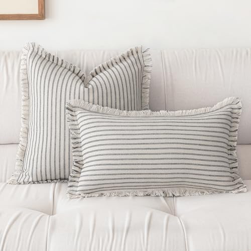 YEENAASY Throw Pillow Covers 18x18 Boho Striped Pillow Cases with Tassel | Set of 2 Fringe Pillow Cover Farmhouse Cushion Covers Neutral Pillows Decorative Square Pillowcase for Couch Sofa Bed, Grey - color: Grey, size: 18" x 18" (Pack of 2)