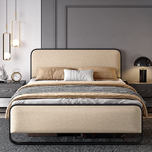 SHA CERLIN Queen Size Metal Bed Frame with Upholstered Headboard, Cream | Curved Upholstered Headboard and Footboard, Large Under Bed Storage, No Box Spring Needed - color: Beige, size: Queen
