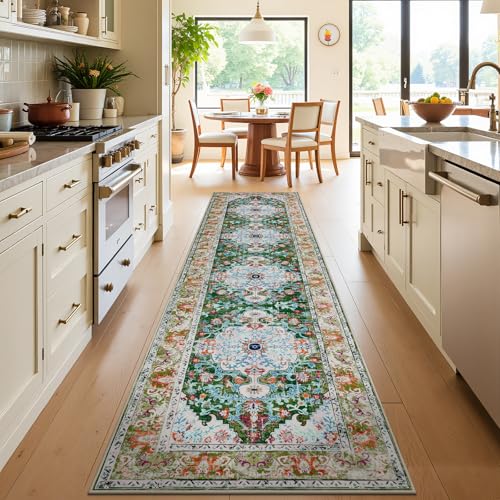 U'Artlines 3'x12' Boho Hallway Runner Rug Non Slip Washable Runners,Green | Vintage Farmhouse Kitchen Rug Accent Area Carpet for Entryway, Dining Room and Living Room - color: Green, size: 3' x 12' (Runner)