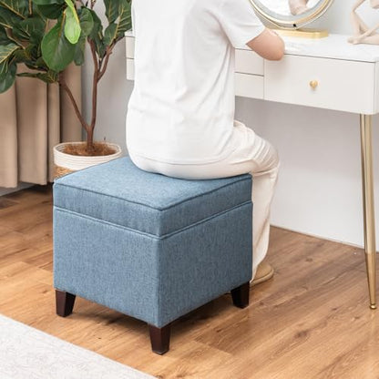 Linen Storage Ottoman with Wooden Legs, 17" Square Upholstered Flip-Top Footrest Stool, Extra Seat or Coffee Table for Living Room, Bedroom, Entryway, Blue - color: Blue
