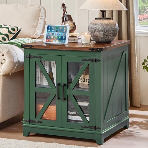 Joaxswe Farmhouse End Table for Living Room, Charger Station | USB Ports, Glass Barn Door, Solid Wood Legs, 24" Large Sofa Side Table, Adjustable Shelf, Green Square Table for Bedroom - color: Olive Green, size: Set 1