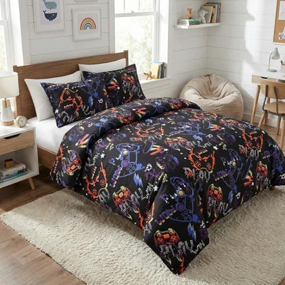 JSD Black Gaming Kids Duvet Cover Set Queen Size | 3 Piece Soft Printed Microfiber Duvet Cover with Pillow Shams Zipper Closure, Comforter Not Included, Oeko-Tex Certified - color: Black Gamer, size: Queen