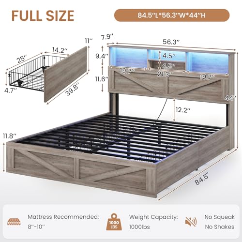 Farmhouse Bed Frame Full Size with Bookcase Storage Headboard, Charging Station and LED Lights, Wooden Full Bed Frame with 4 Drawers, Barn Door Design, No Box Spring Needed, No Noise, Grey - color: Grey, size: Full