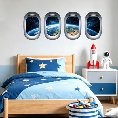 Porthole Earth and Universe Wall Decals, Wall Stickers Decor | 2 Sheets 11.8"x37.8" Vinyl Removable Peel and Stick Murals, Plant Decor for Bedroom, Bathroom, Office, Classroom & Home - style: Porthole Earth and Universe