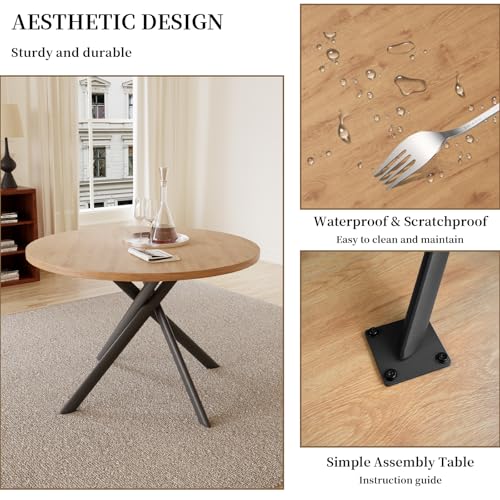 HIPIHOM 45.3 Inch Modern Round Dining Table for 4, Space-Saving Dinette with Carbon Steel Legs for Home Kitchen Apartment(Oak Table) - color: Oak Round Table