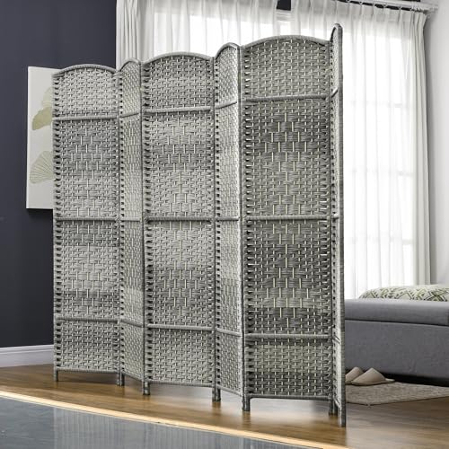 Folding Room Divider, 6Ft Tall Privacy Screen, Hand-Woven Wicker Style Freestanding Wall Partition for Home Office Bedroom, No Assembly Required - color: Mixed Gray, size: 6 Panel