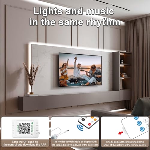 NUERPO 100FT COB Led Strip Lights, Uniform 6500K COB Rope Light,Bright Daylight White Lights,High Density,App/Remote Control,Indoor 24V Cuttable Cabinet Lights for Bedroom,Bookshelf,Showcase,Kitchen