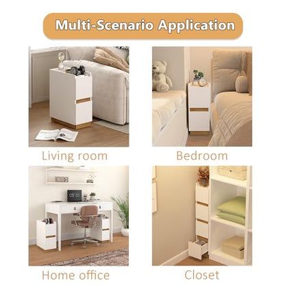 Narrow Night Stands, Modern Slim Nightstand Set of 2, Wooden Skinny Bedside Table 2 Drawers, Stackable Narrow Side Table with Drawers for Small Spaces, Bedroom, Living Room, White - color: White (2pcs)