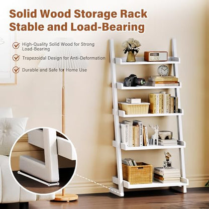 CozyDH Wooden Ladder Shelf, White Ladder Bookshelf Narrow 5-Tier,Ladder Shelf Bookcase Storage for Living Room, Bedroom, Home Office,23.6''Dx15.7''Wx55.1''H - color: White