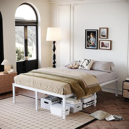 DiaOutro 18 Inch White Full Size Bed Frame with High Storage | Steel Slats Platform No Box Spring Needed Mattress Foundation, Easy Assembly, Noise Free - size: Full, style: 18 Inch (White)