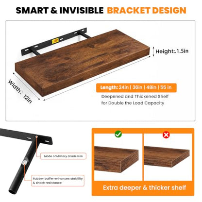 RICHER HOUSE 12 Inch Deep Floating Shelves, 36 Inch Long Wall Shelf, Brown | Rustic Wood Wall Mounted Shelves, Bookshelf Set of 2 with Invisible Bracket for Display Bathroom Bedroom Kitchen Living Room - color: Brown, size: 36in