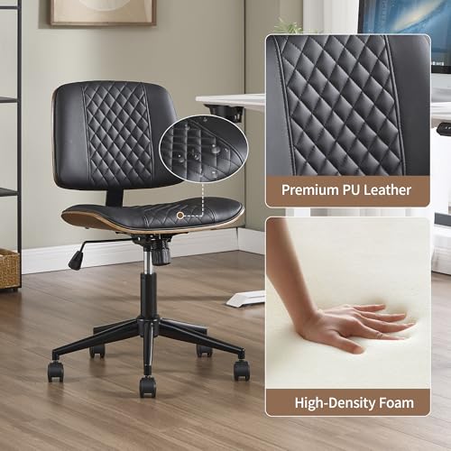 VipDesk Small Home Office Chair - Armless Mid Back Desk Chair with 360° Swivel and Wheels, PU Upholstered Height Adjustable Modern Walnut Computer Chair for Home, Office Meeting Room - Black - color: Black, size: MCM Style