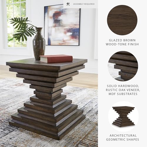 Signature Design by Ashley Hannodream Square End Table, Warm Brown | Fully assembled contemporary base, Solid hardwood, rustic oak veneer and MDF substrates, 22-inch square top for living room - color: Warm Brown