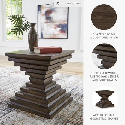 Signature Design by Ashley Hannodream Square End Table, Warm Brown | Fully assembled contemporary base, Solid hardwood, rustic oak veneer and MDF substrates, 22-inch square top for living room - color: Warm Brown