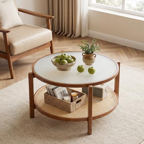 Giantex Rattan Coffee Table, 35" Farmhouse Glass Center Table with Storage, Frosted Tempered Glass Top & Solid Wood Leg, Small Accent Tea Table, Round Coffee Table for Living Room, Small Space, Walnut - color: Walnut