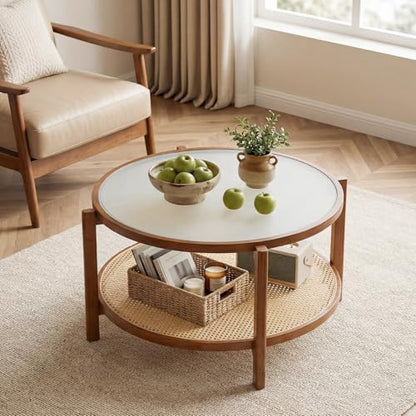 Giantex Rattan Coffee Table, 35" Farmhouse Glass Center Table with Storage, Frosted Tempered Glass Top & Solid Wood Leg, Small Accent Tea Table, Round Coffee Table for Living Room, Small Space, Walnut - color: Walnut