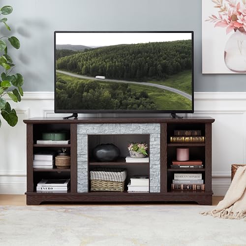 Cherry 58 Inch TV Stand for TVs up to 65 inch, Wood Entertainment Center with Faux Stacked Stone Surround and Open Storage, Media Console with 6 Cable Management Holes for Living Room - color: Cherry-a