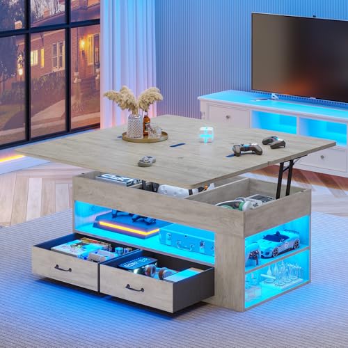 Itaar Lift Top Coffee Table, 4 in 1 Coffee Tables with Storage and Hidden Compartment, Farmhouse Coffee Table with 2 Fabric Drawers & LED Light for Living Room, Grey Oak - color: Grey Oak