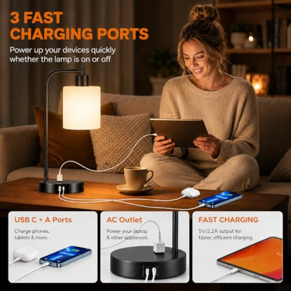 Set of 2 Industrial Touch Control Table Lamps with 2 USB Ports and AC Outlet - 3-Way Dimmable Black Bedside Lamp Nightstand Desk Lamps for Bedroom Living Room, Opal Glass Shade & 2 LED Bulbs Included - color: Black(2 pack)-Opal Glass-Touch Control