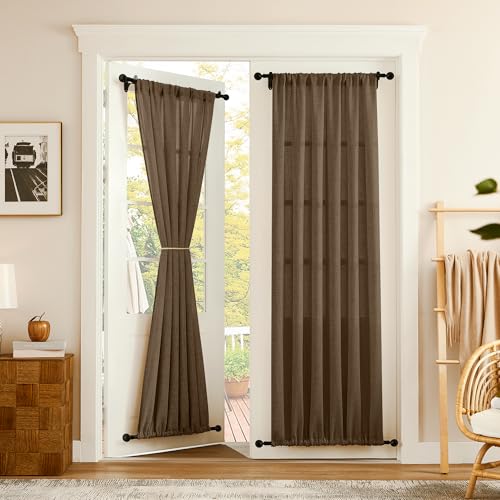 Tollpiz Linen Door Curtain Doorway Semi Sheer Curtains Closet Light Filtering Drapes Dual Rod Pocket Boho Window Curtain for Room Divider, 25 x 72 inches Long, Brown, 1 Panel - color: Brown, size: 25"W x 72"L (Pack of 1)