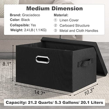 Graciadeco Medium 15" 21 Quart Collapsible Stackable Storage Bins with Lids, 1 Pack Black Foldable Fabric Closet Storage Boxes with Lids, 4 Handles Heavy-duty Linen Cube Baskets for Bedroom | 21 Quart 1 Pack Black Collapsible Stackable Linen Fabric 4 Hand