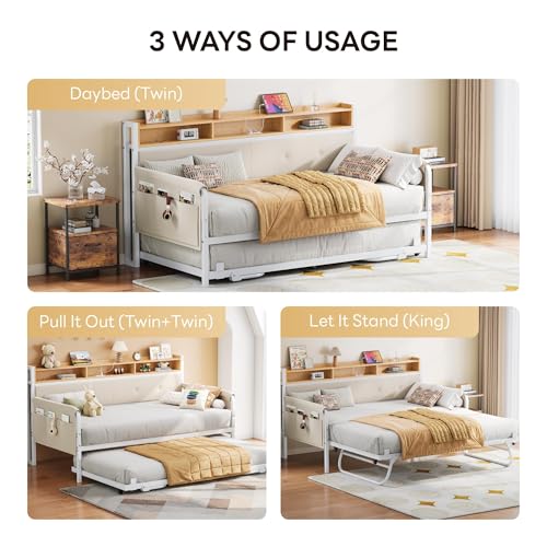 LIKIMIO Daybed with Trundle, Twin Bed Frame,White | with Upholstered Headboard and Charging Station, Sofa Day Bed with Strong Supports for Living Room, Bedroom and Guest Room - color: White