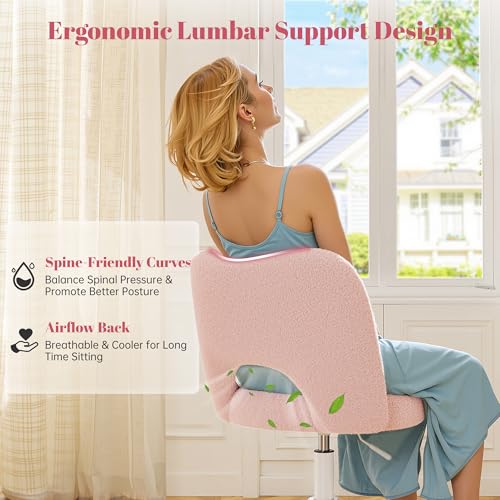 DurayLoly Vanity Chair with Open Back & Wheels,Armless,Pink | Armless,Silent Wheels, Height Adjustable, Soft Teddy Fabric, 360° Swivel for Bedroom Vanity & Home Office, Candy Pink - color: Candy Pink