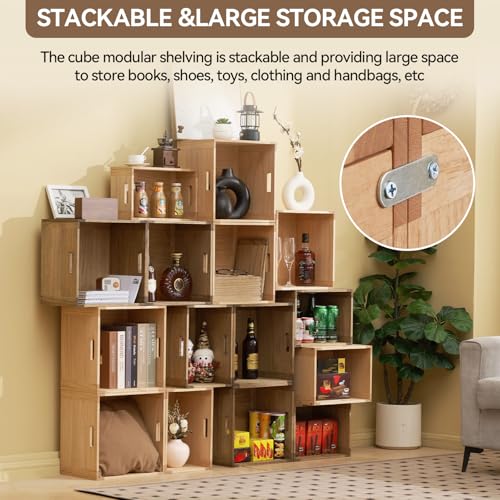 KIRIGEN Stackable Wood Storage Cube with Handles, Open Cubby Bin, Natural | Open-Front Wooden Box Crate for Books, Clothes, Shoes, Closet Storage, and Display for Home Office, Assembly Required C5-NA - color: Natural, size: M/14.2*9.1*6(C15)