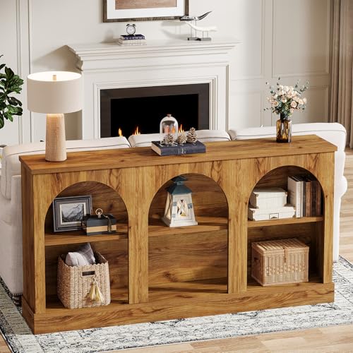 Tribesigns Console Table with Storage, 63" Long Arched Entryway Table | 3 Tier Wooden Farmhouse Sofa Table Behind The Couch for Entrance, Hallway, Foyer, Living Room, Natural Wood - color: Natural Wood