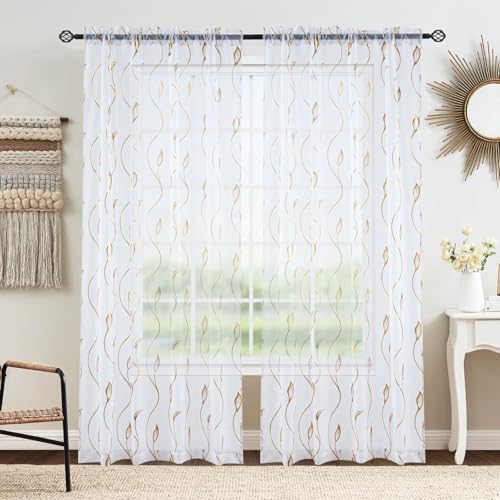 Gold Foil Print Sheer Curtains 63 inches Long, 2 Panels Ginkgo Bronzing Treatment Sheer Curtain, Rod Pocket Window Treatment Panels for Bedroom Living Room - color: Wicker/Gold/White, size: 42"W x 63"L (Pack of 2)