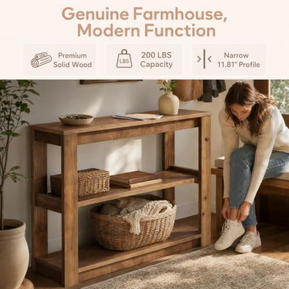 41.34" Solid Wood Console Table, Narrow Entryway Table with 3-Tier Shelves | Farmhouse Sofa Table with Storage; Versatile Accent Table for Living Room, Hallway, Foyer; Space-Saving 11.81" Depth
