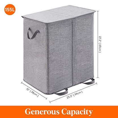 Lifewit Double Laundry Hamper with Lid and Removable Laundry Bags, Large Collapsible 2 Dividers Dirty Clothes Basket with Handles for Bedroom Laundry Room Closet Bathroom College, 155L Grey - color: Gray, size: 155L