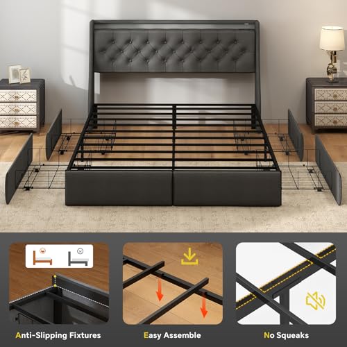 SADENICEL Queen Bed Frame with 4 Storage Drawer, Queen Size Bed Frame, Grey | Headboard with Charging Station and LED Lights, Metal Platform Bed with Storage Shelf, Noise Free, No Box Spring Needed - size: Queen, style: 4 Storage Drawer