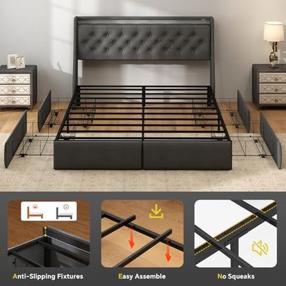 SADENICEL King Size Bed Frame with 4 Storage Drawer, King Bed Frame, Grey | Headboard with Charging Station and LED Lights, Metal Platform Bed with Storage Shelf, Noise Free, No Box Spring Needed - size: King, style: 4 Storage Drawer
